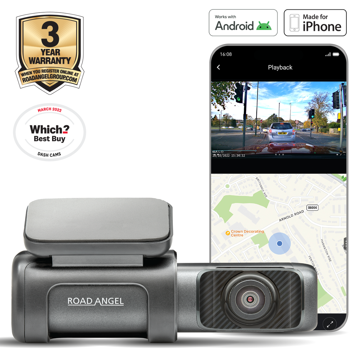 Road Angel Halo Ultra 4K Dash Cam with Built in 64GB Storage