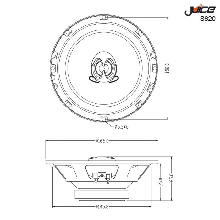 Juice S620 6.5 Inch 17cm 2-Way Coaxial Car Door or Parcel Shelf Speaker Upgrade, Efficient Power Handling, 300Watts Peak Power, Black