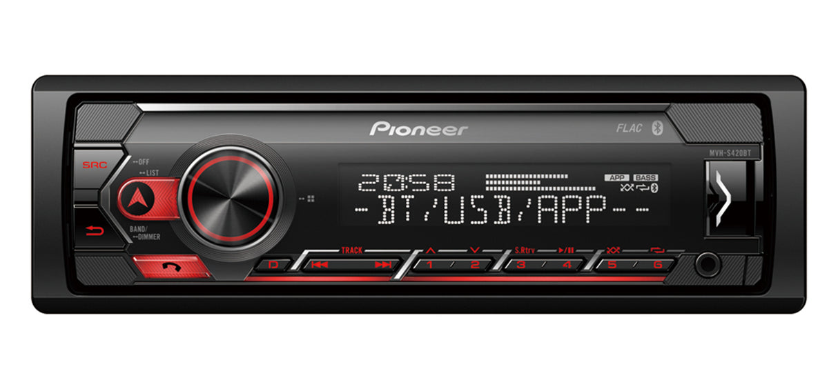 Pioneer MVH-S420BT Single Din receiver with Bluetooth, Red Illumination, USB, AUX and Spotify